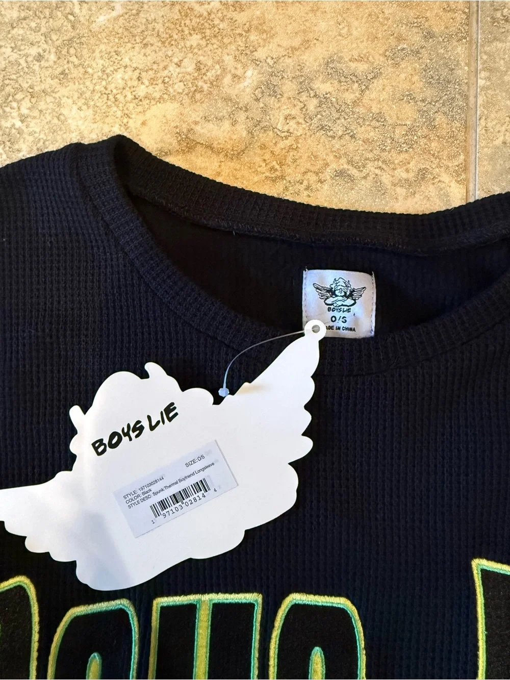 NWT Boys Lie Black waffle Long-Sleeve Tee with Neon Green Logo